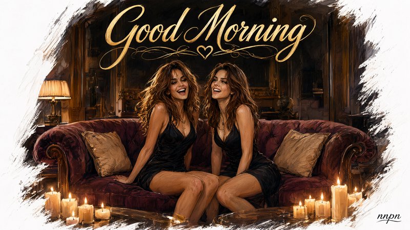 Elegant Good Morning greeting graphic with two laughing women seated on a plush maroon couch in a...