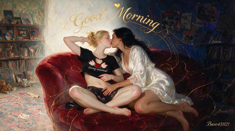 Romantic "Good Morning" oil painting of two queer women sharing a kiss while seated on a plush re...
