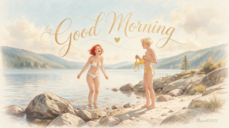 Elegant gold "Good Morning" cursive text over colored pencil art of two laughing women at a sunlit mountain lake shore.