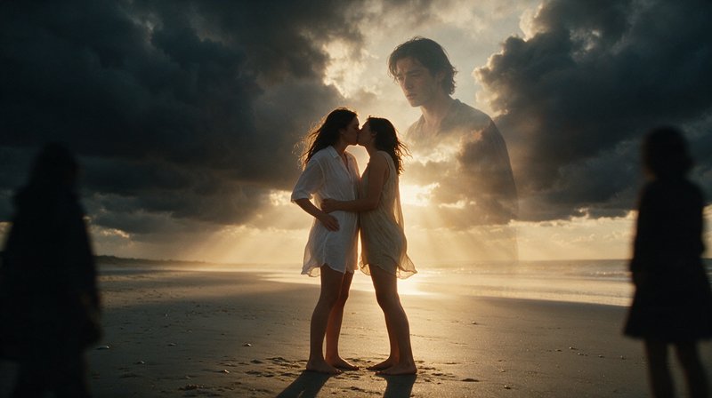 Two women kiss on a sunset beach, a translucent male spirit looms in storm clouds above, shadowy figures stand at frame
