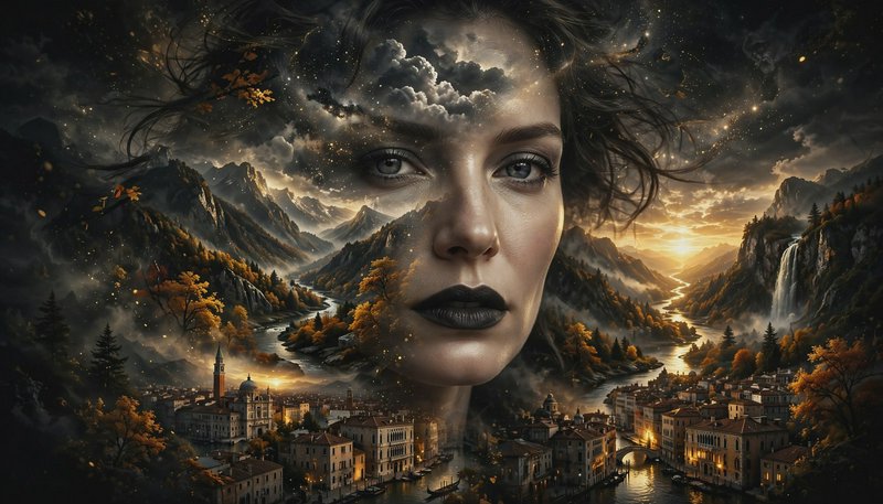 Double exposure portrait of a woman merged with a golden sunset alpine valley and historic river cityscape