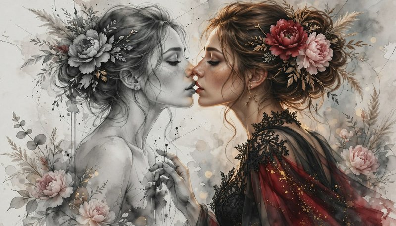 Intimate portrait of two women with peony flower crowns leaning in to share a gentle kiss