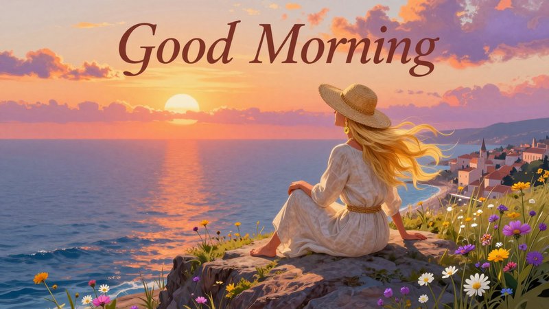 Woman in a straw hat sits on a coastal cliff watching sunrise, overlaid with Good Morning text