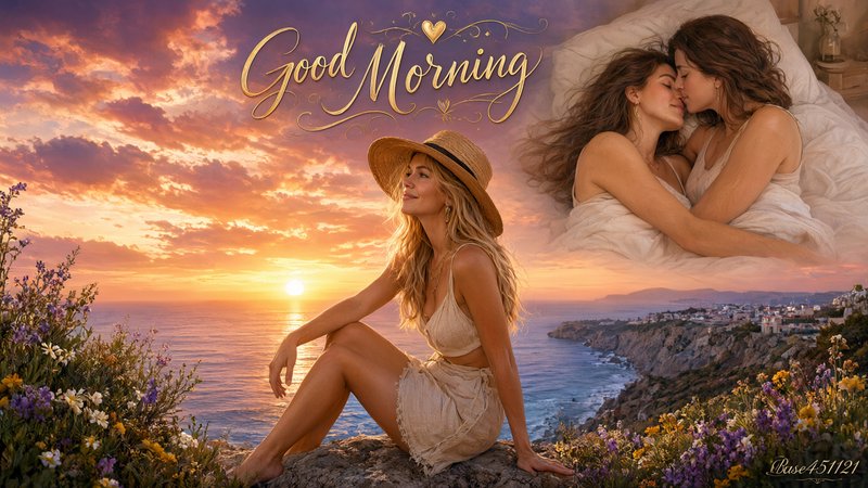 Good morning greeting graphic with a cliffside sunrise scene and inset of a loving couple cuddlin...