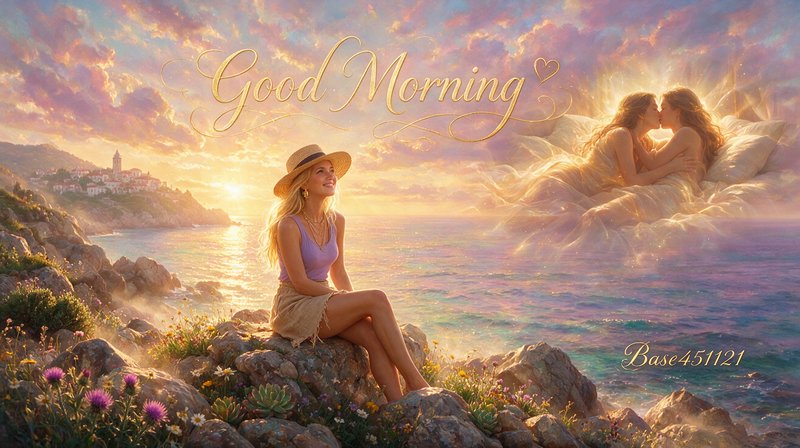 Dreamy good morning artwork featuring a woman on a sunlit coastal cliff and ethereal romantic couple