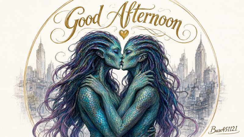 Teal scaled fantasy alien couple kissing below golden Good Afternoon text with sketched city skyline background