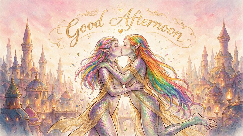 Two iridescent rainbow-haired elf lovers kiss beneath golden Good Afternoon text above a fantasy spired castle skyline