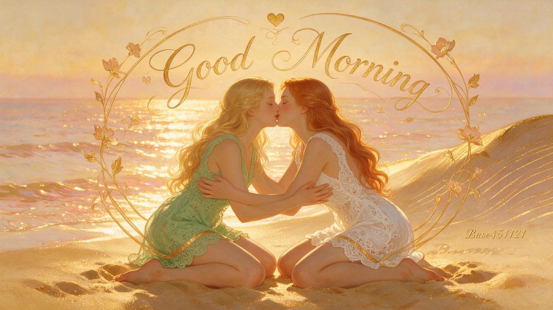 Two women share a tender kiss on a sunlit beach beneath a golden Good Morning frame at sunrise