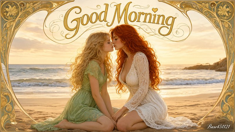 Two women share a gentle kiss on a golden sunrise beach beneath an ornate Good Morning art nouvea...