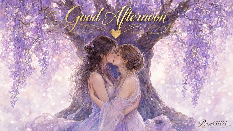 Two women embrace and kiss beneath a blooming purple wisteria tree with a Good Afternoon greeting overlay