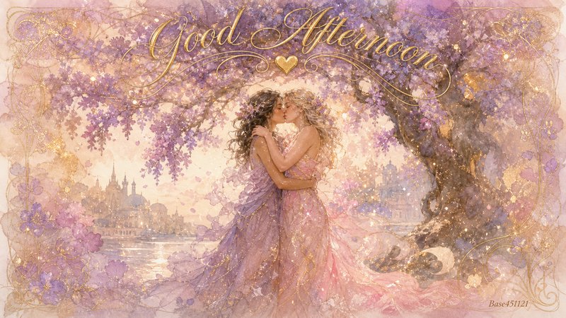 Two women kiss tenderly beneath a flowering wisteria arch framed by golden Good Afternoon script