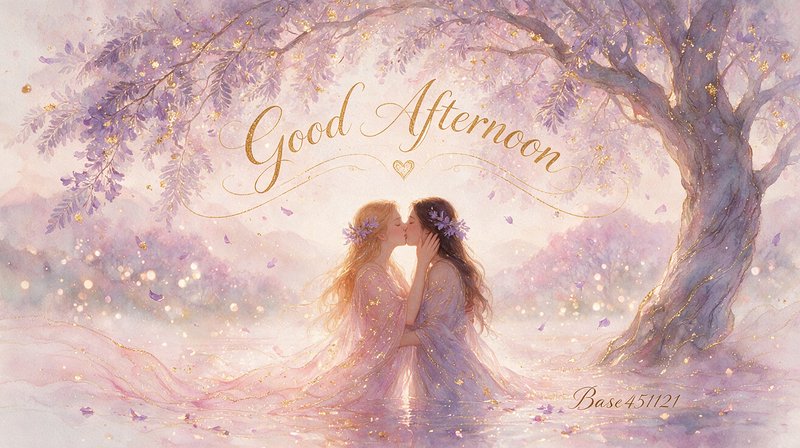 Two women kiss in shallow misty water beneath a purple flowering tree with gilded Good Afternoon ...