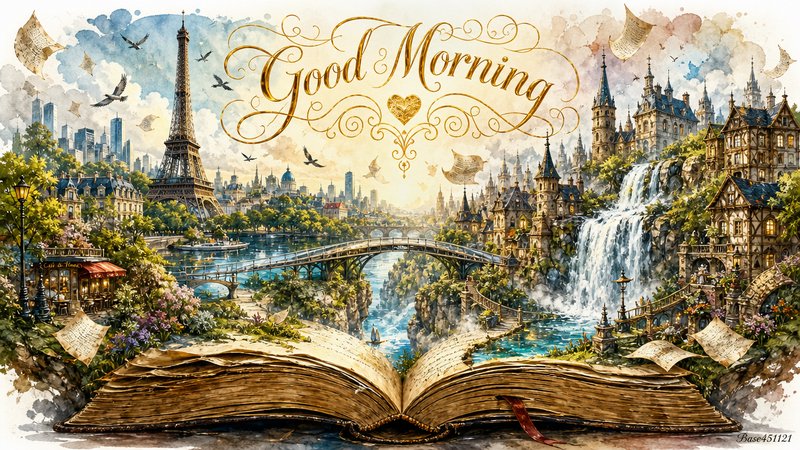Gilded good morning fantasy artwork of an open vintage storybook spilling a magical blended cityscape landscape