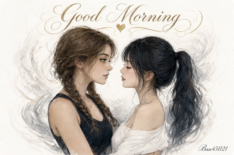 Two young women gazing tenderly at each other beneath ornate gold "Good Morning" script in soft w...