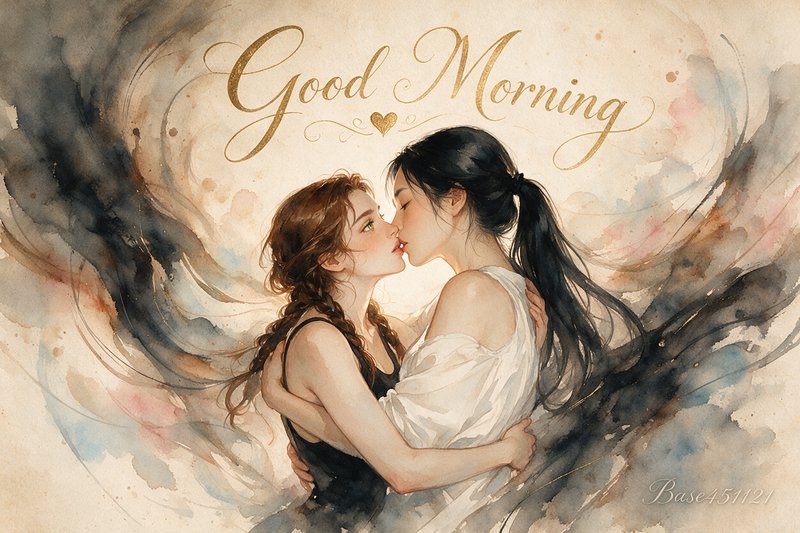 Watercolor illustration of two women kissing beneath ornate gold Good Morning script