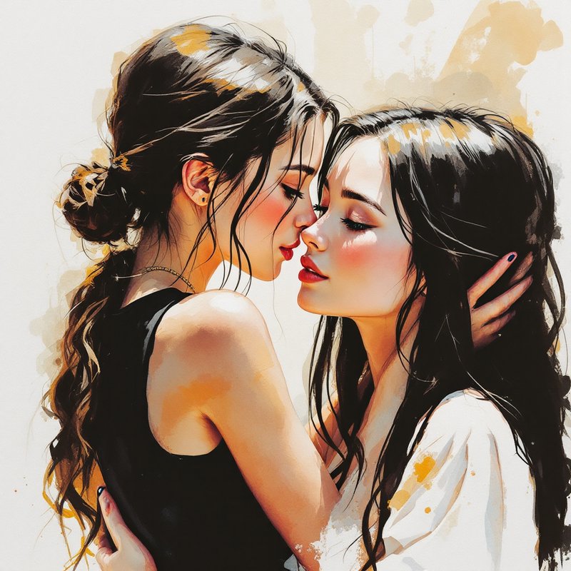 Two young women share a tender intimate moment leaning in to kiss in warm watercolor style