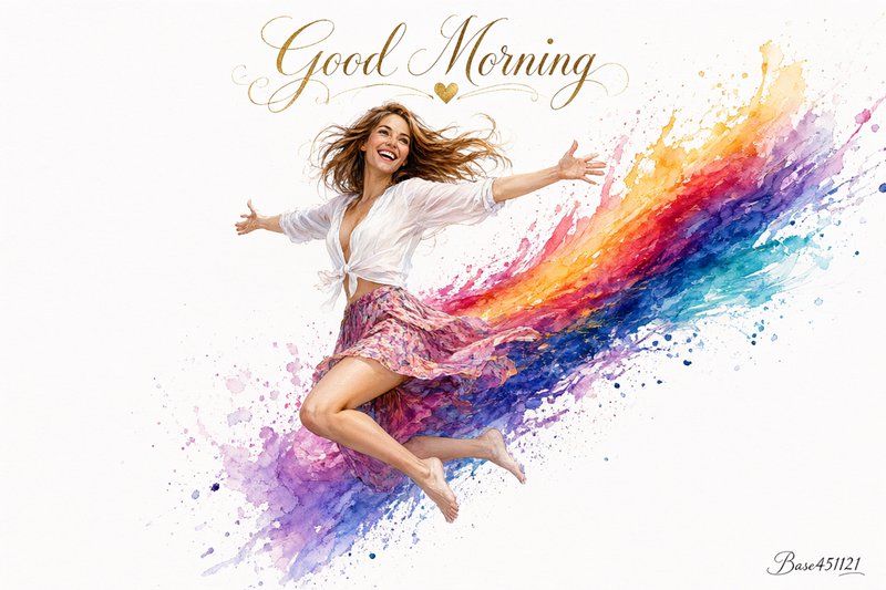 Joyful laughing barefoot woman leaping beside rainbow watercolor splashes with gold Good Morning ...