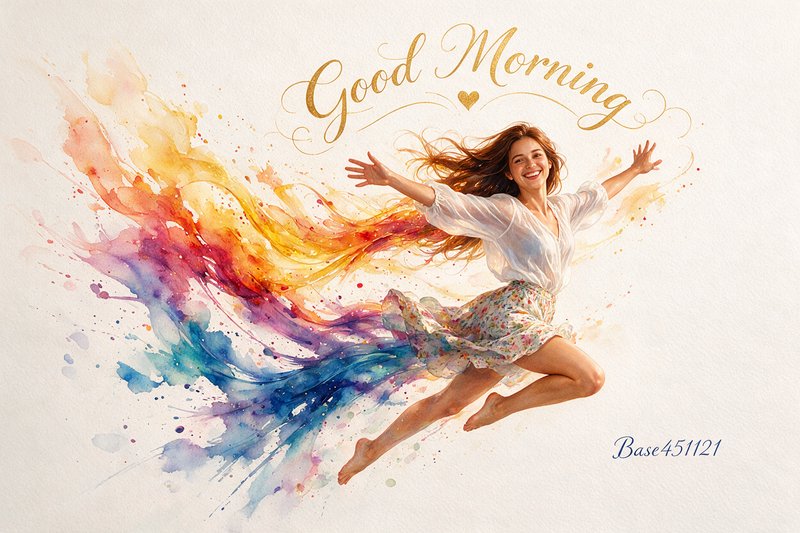 Joyful leaping woman with outstretched arms beneath golden Good Morning calligraphy and rainbow watercolor trails