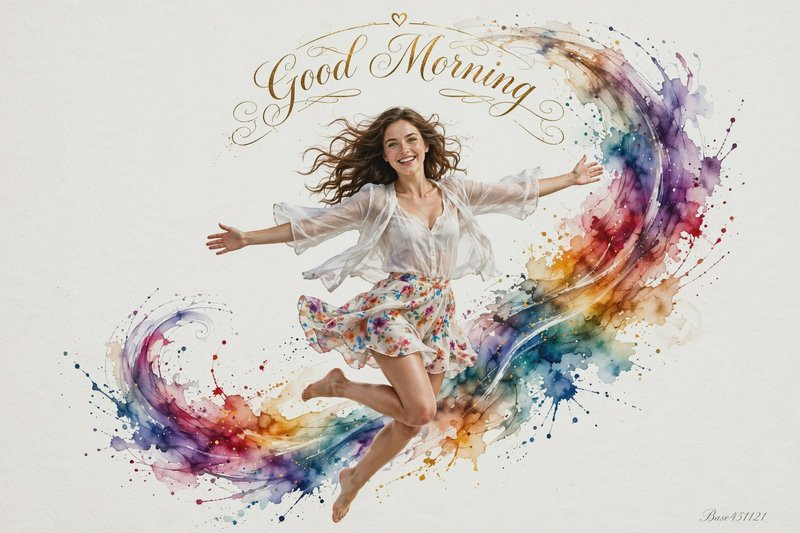 Joyful leaping woman framed by rainbow watercolor swirls under elegant gold Good Morning script