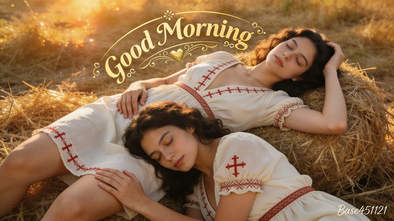 Two women in embroidered folk dresses rest on hay bales at sunrise overlaid with Good Morning text