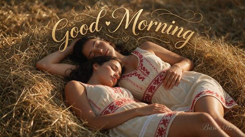 Two women in embroidered folk dresses rest asleep on a sunlit hay bale with golden Good Morning c...