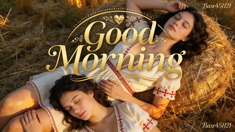 Ornate golden Good Morning text overlays two women resting on sunlit hay bales
