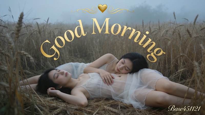 Two women rest peacefully in a foggy dawn wheat field beneath golden Good Morning greeting text