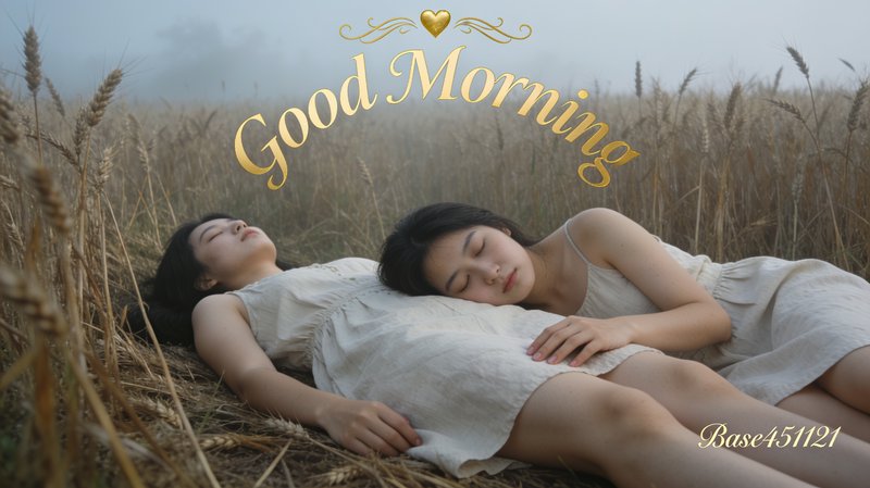 Two young women rest asleep in a foggy dawn wheat field with decorative Good Morning overlaid text