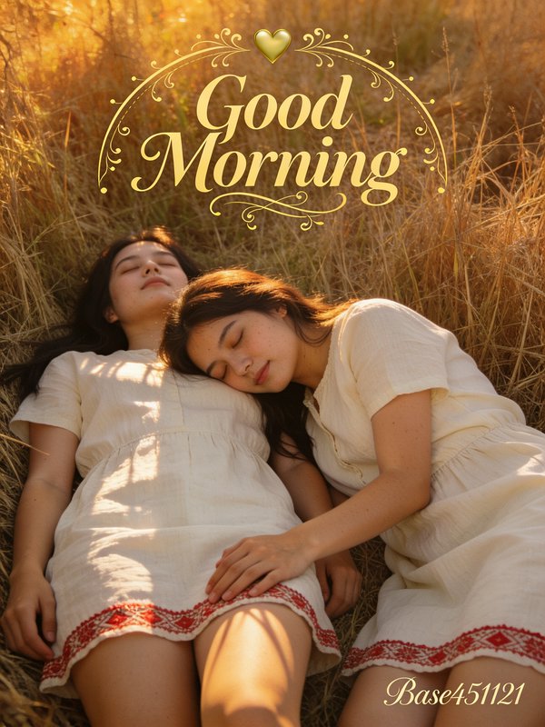 Two young women rest with closed eyes in sunlit tall grass beneath an ornate Good Morning graphic