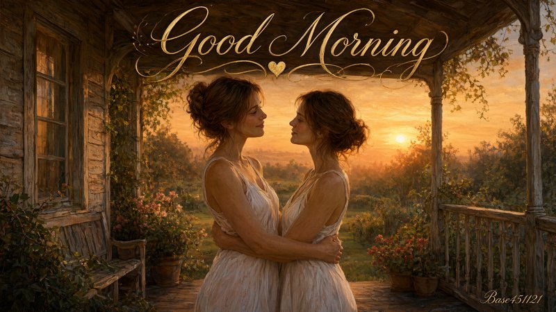 Two women embrace tenderly on a rustic cabin porch beneath golden Good Morning text at sunrise