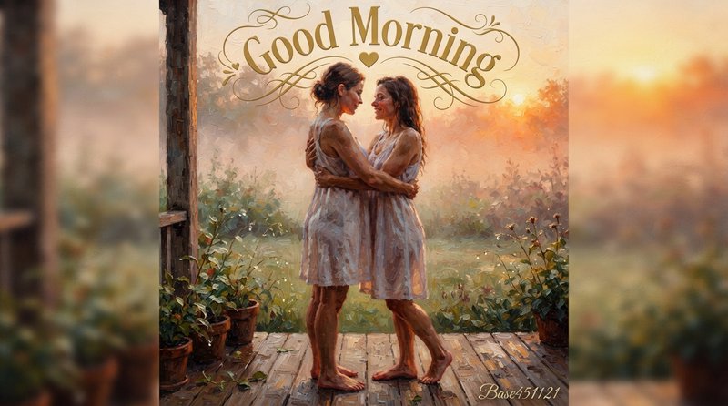 Two women embrace on a misty wooden porch beneath a decorative "Good Morning" header at golden su...
