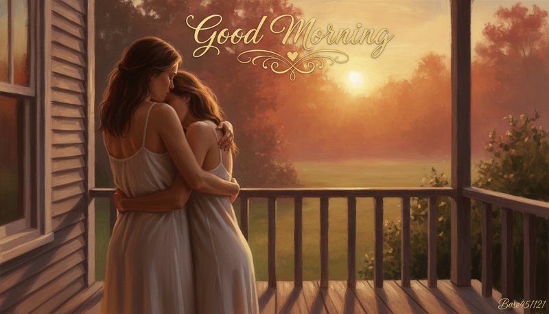 Two women embrace gently on a sunlit wooden porch beneath Good Morning text at golden sunrise