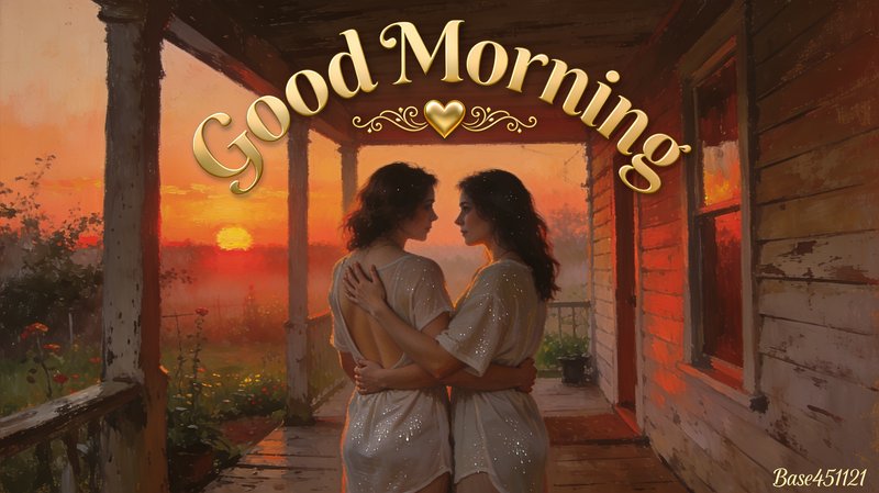 Two women embracing on a rustic farmhouse porch beneath Good Morning text at golden sunrise