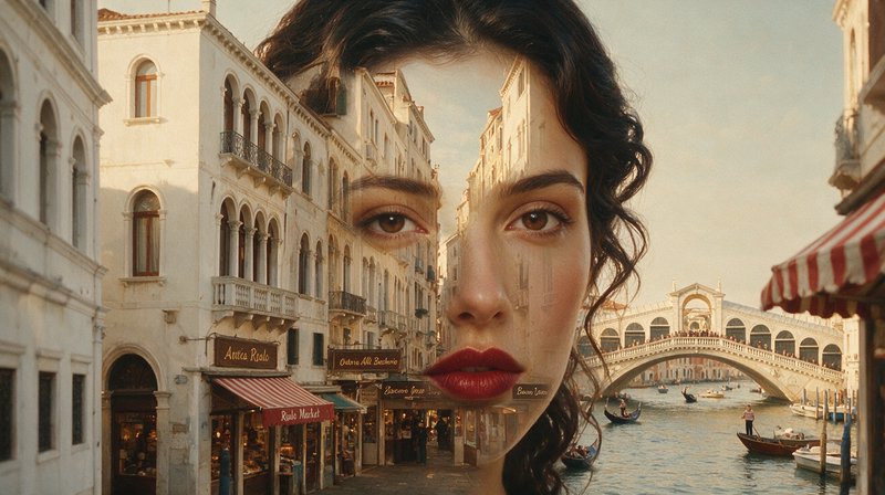 Surreal double exposure blending a woman's face with a sunlit Venice Grand Canal cityscape