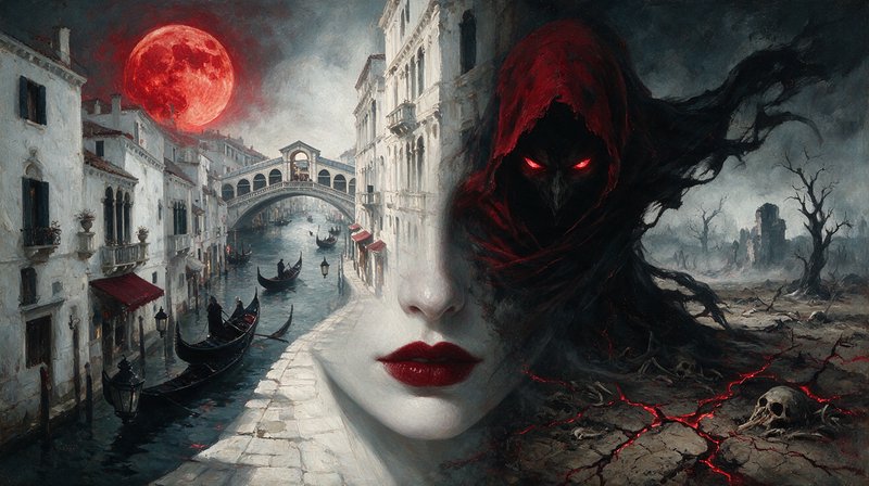 Surreal split fantasy artwork of a Venice canal, pale feminine face, and glowing red eyed hooded entity under a blood moon