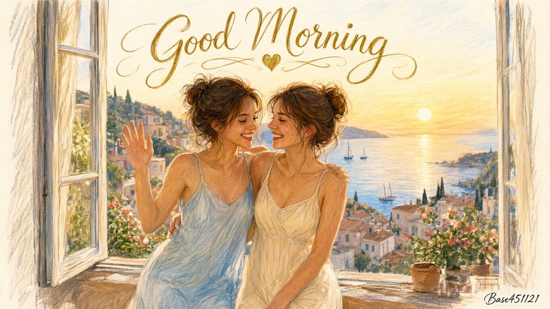 Two smiling women sit at an open sunrise coastal window beneath elegant Good Morning script text