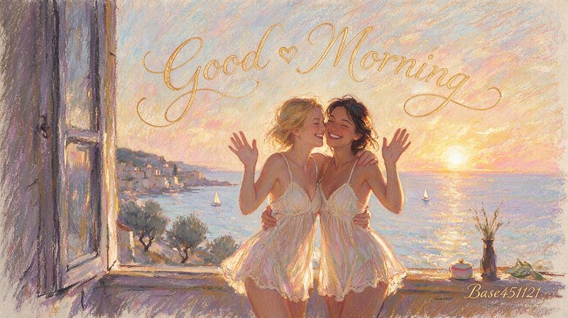 Two joyful women embrace on a seaside balcony at sunrise beneath golden "Good Morning" cursive text