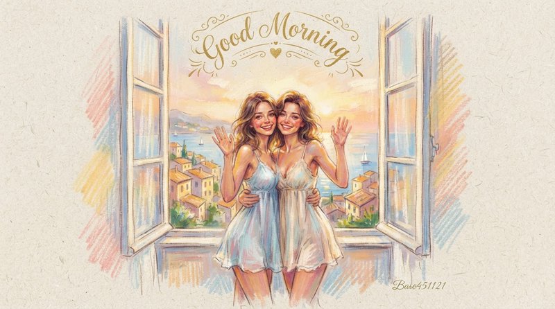 Two smiling women wave from an open window beneath decorative Good Morning text overlooking a sun...
