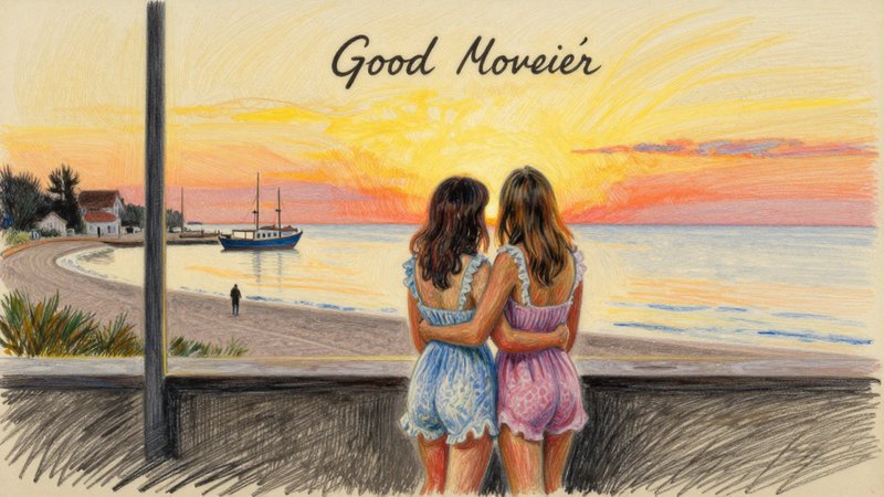 Two women embrace while watching a warm golden coastal sunset over a calm ocean with an anchored ...