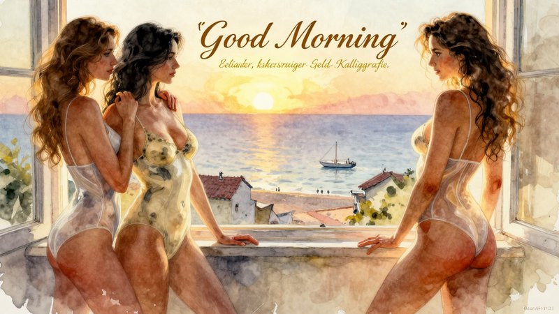 Watercolor illustration of three women in lingerie overlooking a coastal sunrise with Good Mornin...