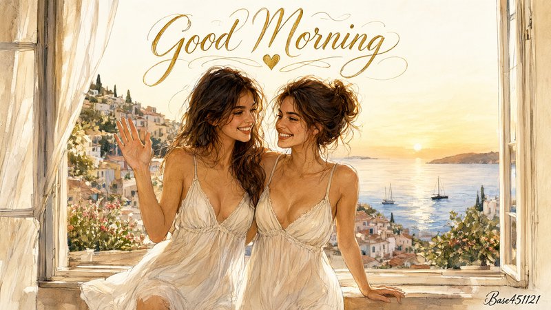 Two smiling women in soft nightgowns sit at a sunlit coastal window with Good Morning cursive text overhead.