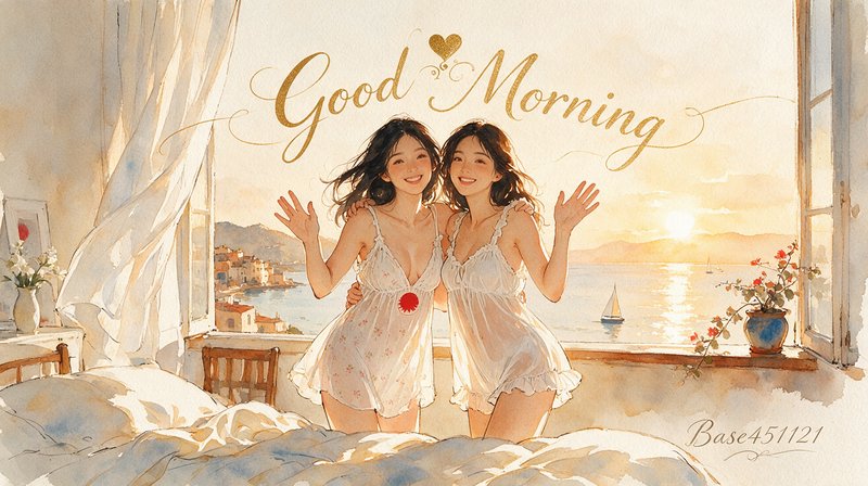 Two smiling women wave from a sunlit coastal bedroom beneath decorative gold Good Morning lettering