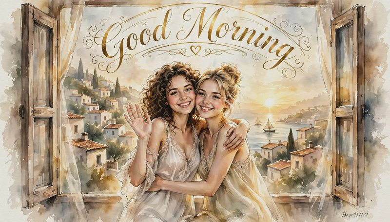 Two smiling young women hug and wave beneath gilded Good Morning text, overlooking a Mediterranean sunrise from an open