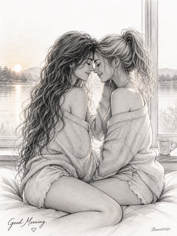Delicate pencil sketch of a loving couple touching foreheads while sitting on a bed by a sunrise ...
