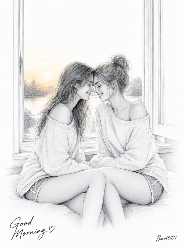 Tender pencil sketch of two smiling women touching foreheads while sitting by a sunrise window