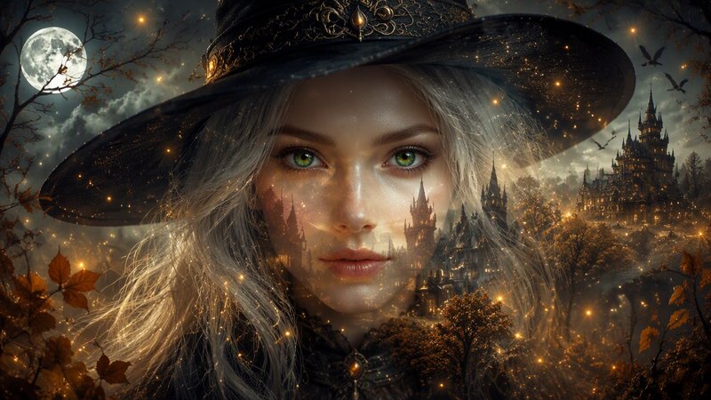 Ethereal silver-haired witch with green eyes, ornate hat, double exposure fantasy castle under fu...