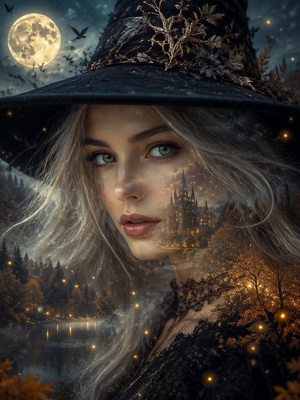 Double exposure portrait of an enchanted witch overlaid with a glowing castle, autumn forest, and...