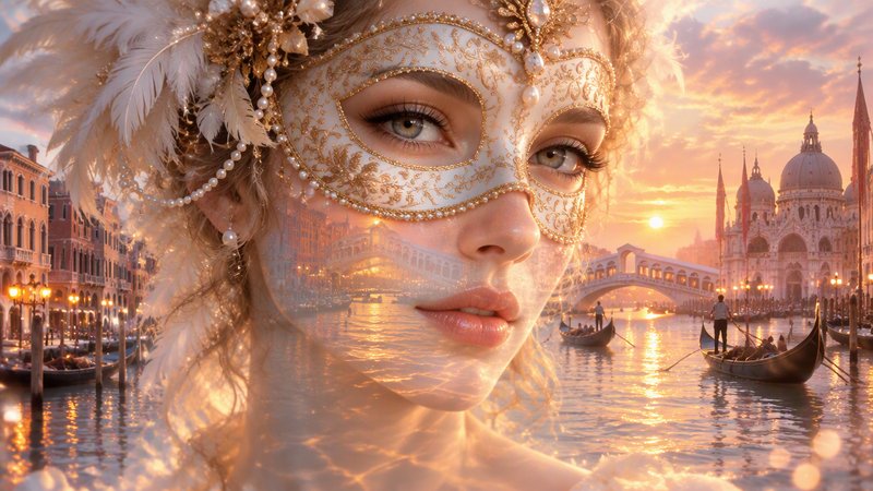 Double exposure portrait of a woman in an ornate Venetian masquerade mask over a Venice canal sunset