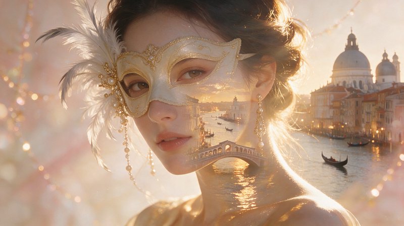Double exposure portrait of woman in ornate venetian masquerade mask blended with Venice Grand Canal sunset