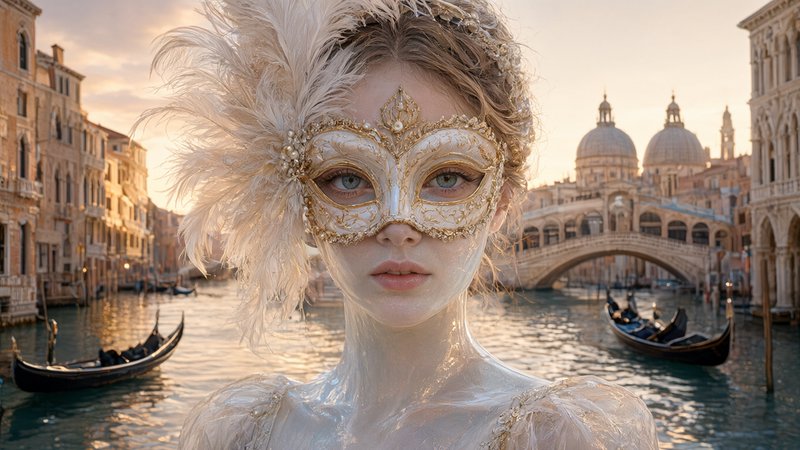 Woman in ornate feathered venetian carnival mask stands before Venice Grand Canal at golden sunset